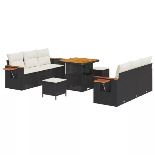  9 darabos kerti kanapé szett párnákkal fekete polirattan akácban