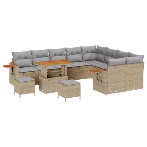  12 Darabos Kert Kanapé Szett Párnákkal Bézs Polirattan Akác