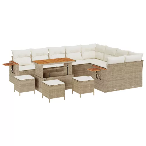  13 Részes Kerti Kanapé Szett Párnákkal Bézs Polirattan Akác