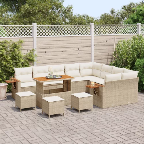  13 Részes Kerti Kanapé Szett Párnákkal Bézs Polirattan Akác