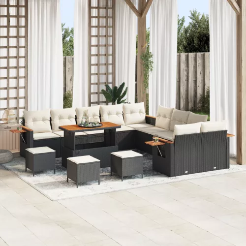  14 Részes Kerti Kanapé Szett Párnákkal - Fekete Polirattan Akáciából