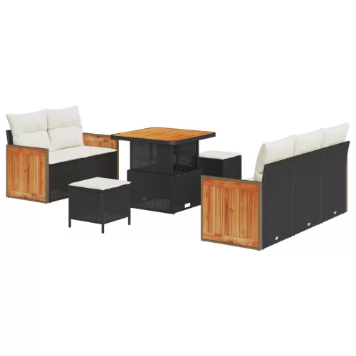  8 Részes Kert Sofa Szett Párnákkal Fekete Polirattan Akác