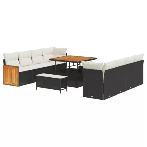  11 darabos kerti kanapé szett párnákkal fekete poli rattan akáccal