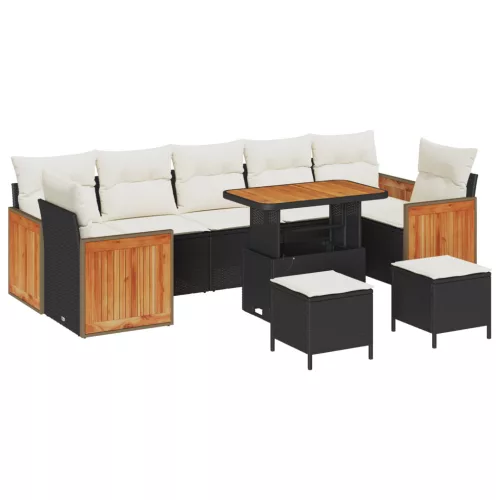  10 darabos kerti kanapékészlet párnákkal fekete poli rattan akáciával