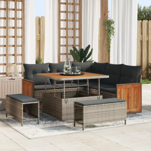  8 darabos kert kanapé szett párnákkal szürke poli rattan akác