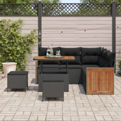  Kerti Kanapé Szett párnával 9 pcs Fekete polirattan