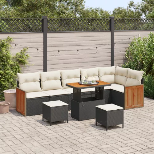  9 Részes Kert Kanapé Szett Párnákkal Fekete Polirattan Akác