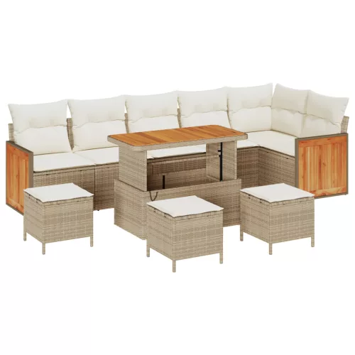  10 Darabos Kerti Kanapé Szett Párnákkal Bézs Poli Rattan Akác