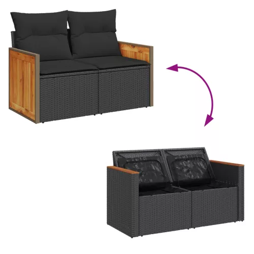  13 darabos kert sofa szett párnákkal fekete poli rattan akáciával