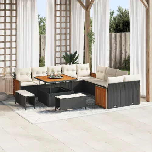  13 Részes Kerti Kanapé Szett Párnákkal Fekete Poli Rattan Akárcsak