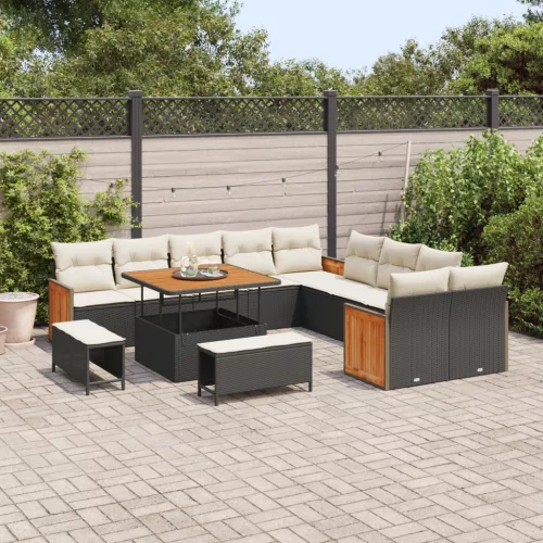  13 Részes Kerti Kanapé Szett Párnákkal Fekete Poli Rattan Akárcsak