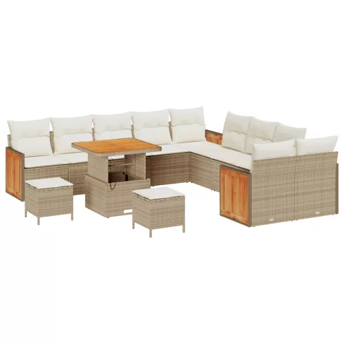  13 részes Kerti Kanapé Szett Párnákkal Bézs Poli Rattan Akácia