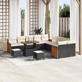    13 részes kerti kanapé szett párnákkal fekete poli rattan akác