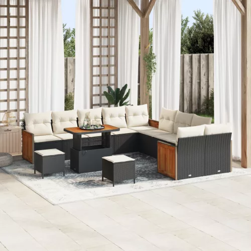  13 részes kerti kanapé szett párnákkal fekete poli rattan akác