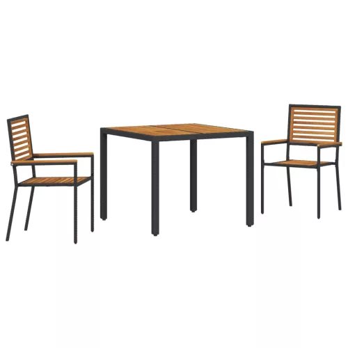  3 darabos Kerti Étkező Szett Fekete Poly Rattan Akácia