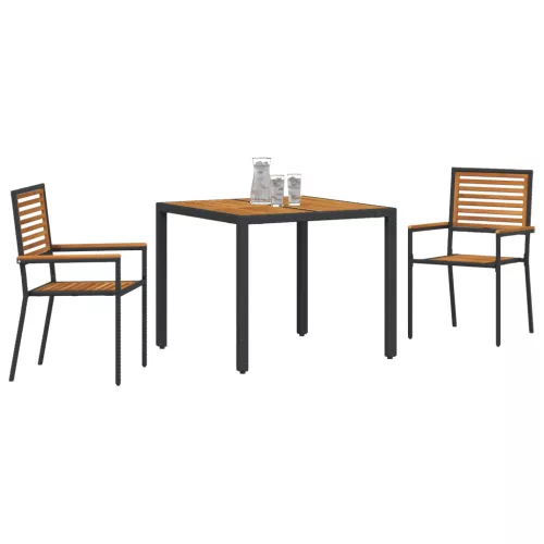  3 darabos Kerti Étkező Szett Fekete Poly Rattan Akácia