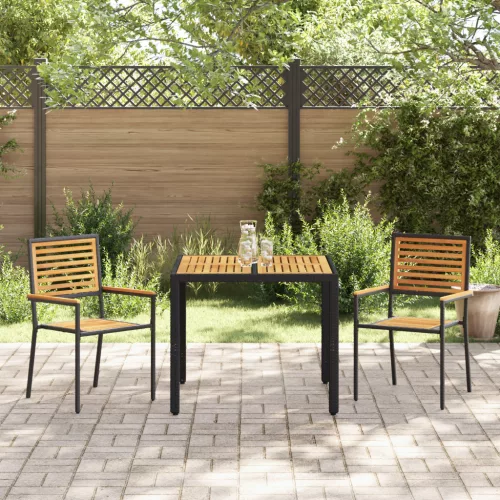  3 darabos Kerti Étkező Szett Fekete Poly Rattan Akácia