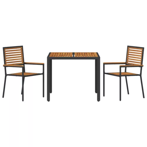  3 darabos Kerti Étkező Szett Fekete Poly Rattan Akácia