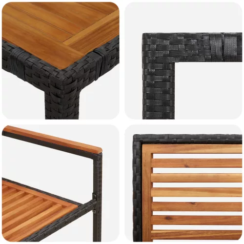  3 darabos Kerti Étkező Szett Fekete Poly Rattan Akácia