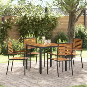  5 darabos kerti étkező szett fekete polyrattan akáccal