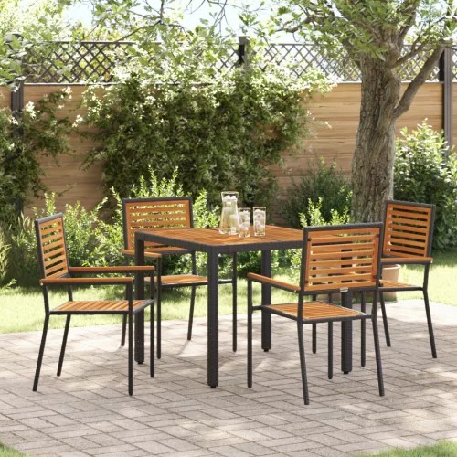  5 darabos kerti étkező szett fekete polyrattan akáccal