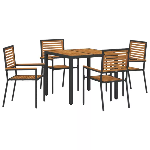  5 darabos kerti étkező szett fekete polyrattan akáccal