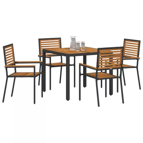  5 darabos kerti étkező szett fekete polyrattan akáccal