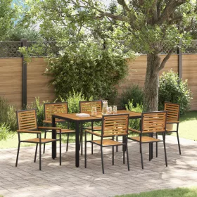  7 Darabos Kerti Étkezőszett Fekete Poly Rattan Akácia