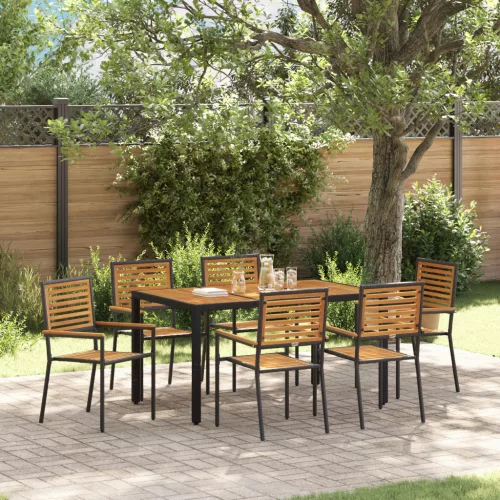  7 Darabos Kerti Étkezőszett Fekete Poly Rattan Akácia