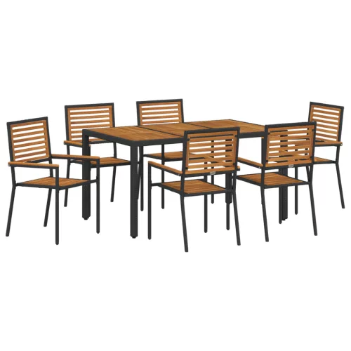  7 Darabos Kerti Étkezőszett Fekete Poly Rattan Akácia