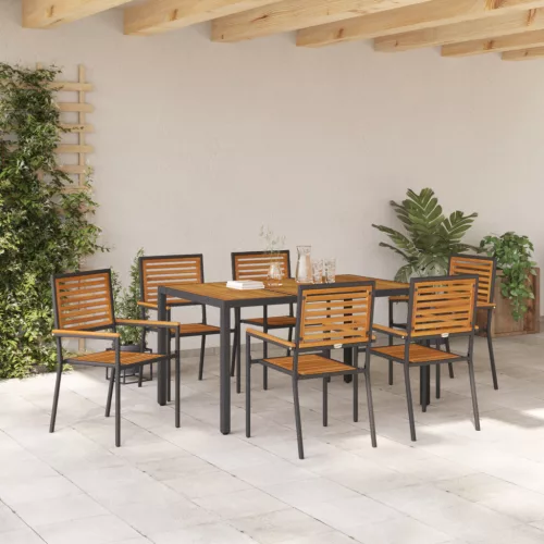  7 Darabos Kerti Étkezőszett Fekete Poly Rattan Akácia