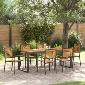  7 darabos kerti étkezőszett fekete polyrattan akácia