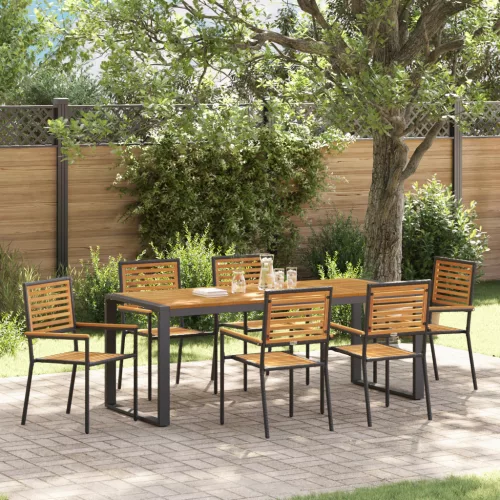  7 darabos kerti étkezőszett fekete polyrattan akácia