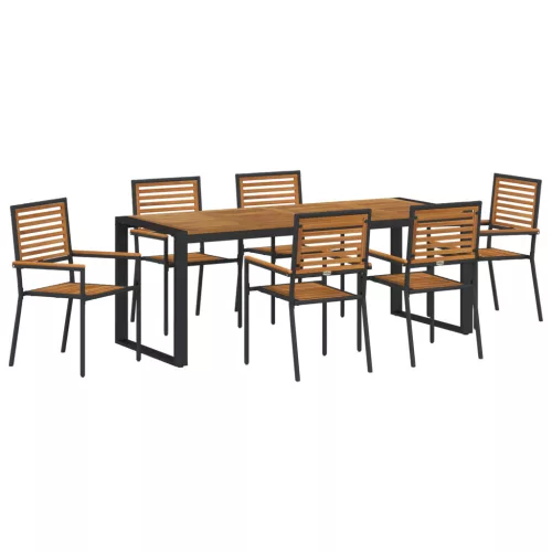  7 darabos kerti étkezőszett fekete polyrattan akácia