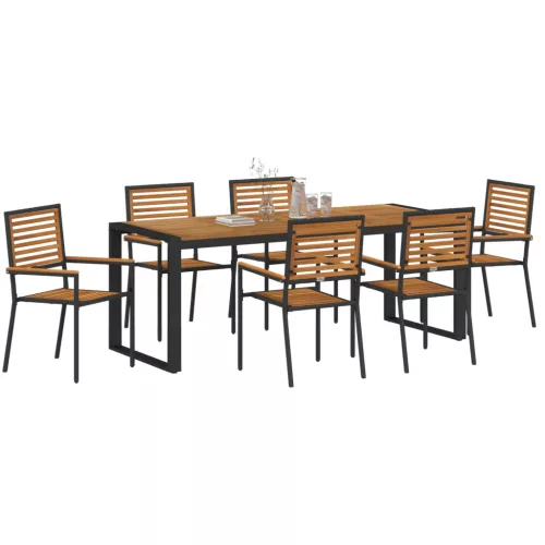  7 darabos kerti étkezőszett fekete polyrattan akácia