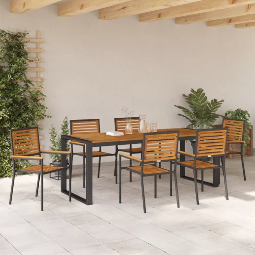  7 darabos kerti étkezőszett fekete polyrattan akácia
