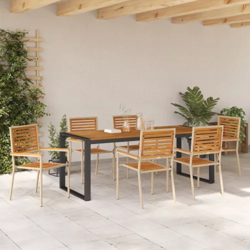  7 Darabos Kert Étkező Szett Bézs Poly Rattan Akácia