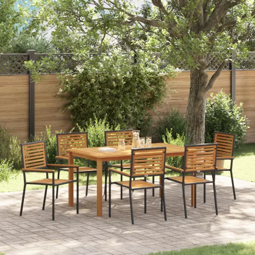 7 részes kert étkező szett fekete polyrattan akáciával