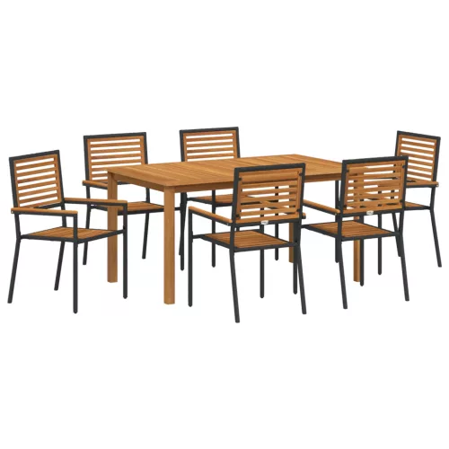  7 részes kert étkező szett fekete polyrattan akáciával
