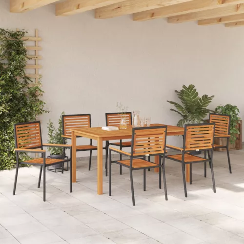  7 részes kert étkező szett fekete polyrattan akáciával
