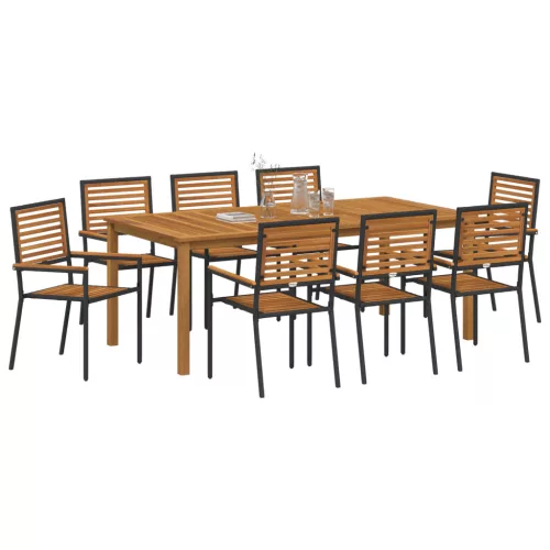  9 darabos Kerti Étkező Szett Fekete Polyrattan Akácia