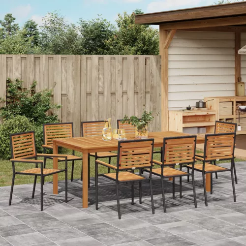  9 darabos Kerti Étkező Szett Fekete Polyrattan Akácia