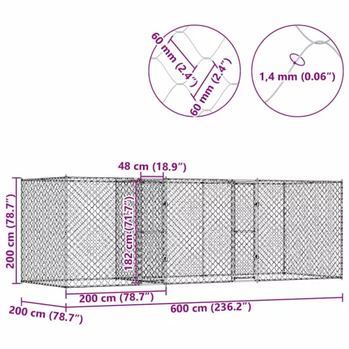Kutyaketrec Ezüst 600 x 200 x 200 cm Horganyzott acél
