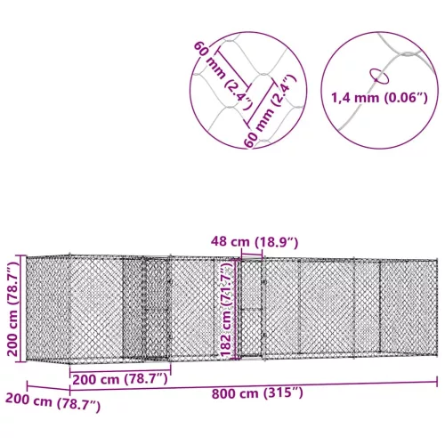 Kutyaketrec Ezüst 800 x 200 x 200 cm Horganyzott acél