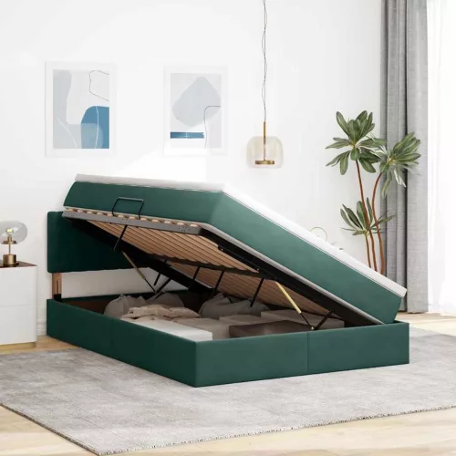  Ágy LED -es lámpákkal tárolóval Sötétzöld 140 x 190 cm Bársony