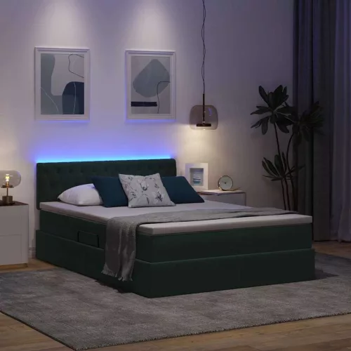  Ágy LED -es lámpákkal tárolóval Sötétzöld 140 x 190 cm Bársony