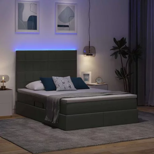  Ágy LED -es lámpákkal tárolóval Sötétszürke 140 x 200 cm szövet