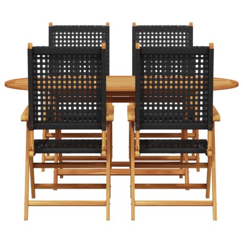  5 darabos kerti étkező szett, fekete, szilárd akácfa és poli rattan