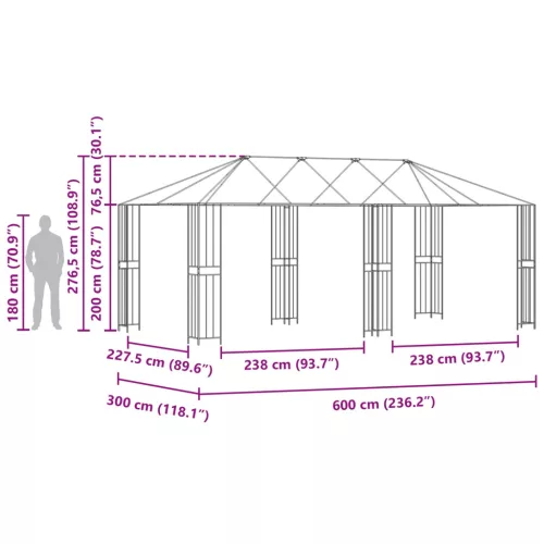  Pavilon Váz 6 x 3 m Fekete Acél