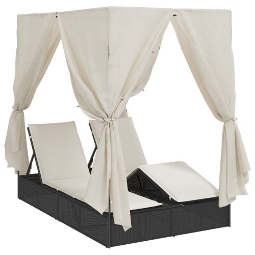  Kétrészes Napágy Tetővel és Függönyökkel Fekete Poli Rattán